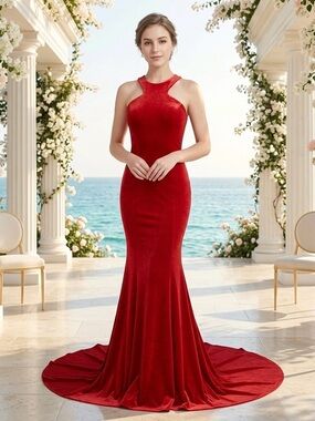 Coya Collection Women Red Maxi Dress Gown sz XS Halter Wedding bridesmaid formal